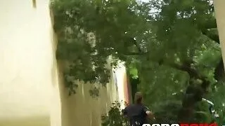 Hardcore interracial sex outdoors with black fugitive