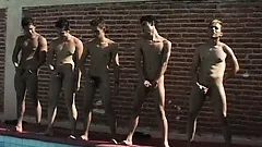 After all the butt slamming, they line up on the edge of the pool and jerk off