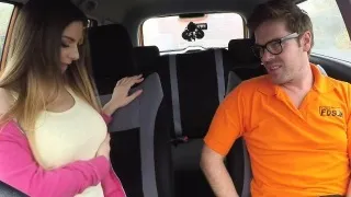 Teen with big tits bangs in driving school car