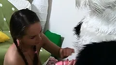 She plays with him and gets him horny so she strips to fuck him