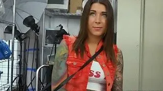 Director pulls out his big black cock for hot chick to blow and take