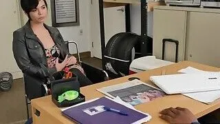 Hot chick in dress climbs and rides on directors big black cock