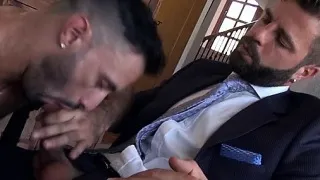 Muscle gay threesome and cumshot