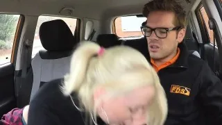 Nasty blonde fucks instructor in his car