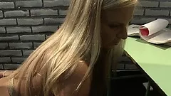 Huge tit teacher bends her student over and fucks with her playing with ass
