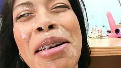 Young brunette amateur babe getting fucked, sucking and covered in cum!