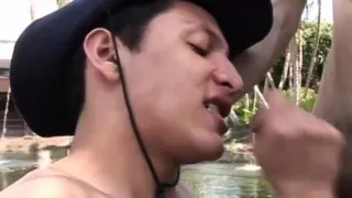 Latino sucks cock outside