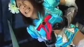 Cute babe in blue is caught by the alien and gets toyed bef