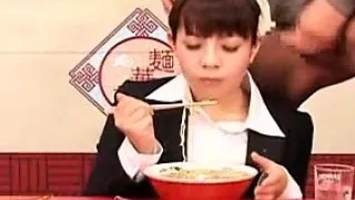 Asian gal is having a meal and he jerks off in it for her t