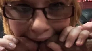 Ginger hair teen in glasses with old men