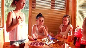 Outdoor lesbian threesome with teen babes on a boat in a lake