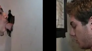 Blonde stud gets dick gay sucked on gloryhole