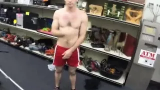 Gym rat training naked in pawn shop to the owners delight