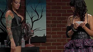 Tattooed lesbians Dana Vespoli and Emilee Parker strip and lick pussy