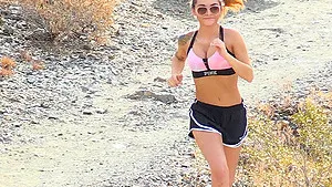 Outdoor strip while joging by a brunette sporty teen Charlotte