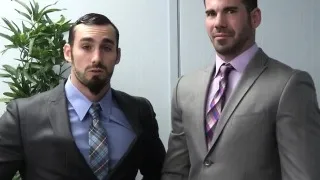 Suited muscular hunk assfucks tall stud