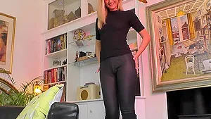 Lesbian in tight spandex Eva Johnson strips and gets her pussy licked