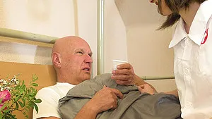 Nerdy teen nurse Sara Bell makes her old patient get well on his dick