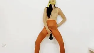 Skinny eighteen Ella Storm nylon mask and huge vibrator