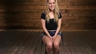 Restrained babe machine fucked and gagged