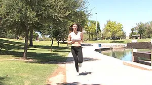 Sporty amateur brunettte babe Carmen strips in a public park