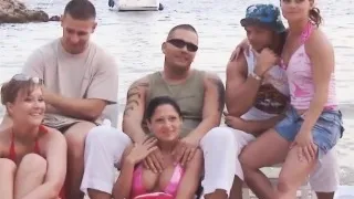 Beach amateur babes in group riding cock