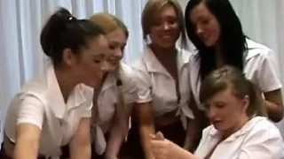 Naughty British girls strip CFNM guy for handjob