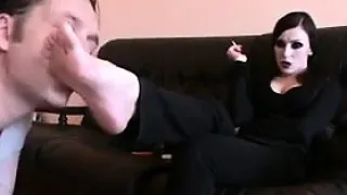 Smoking Goth Gets Her Feet Worshipped