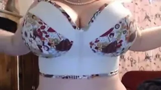 Busty huge tit blonde babe strips and teases