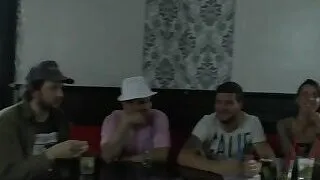 Blonde made to lick mistress in a bar