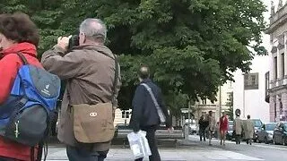 Blindfolded blonde sucking in public