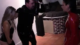 Femdom fetish mistresses fuck bdsm loser with strapon