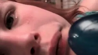 Piss lover lesbian teen gets mouth fucked with a dildo