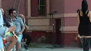 Euro slut sucking in public outdoor cafe