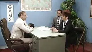 Old boss at desk job getting a blow job