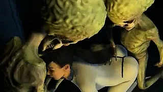 Hot 3D brunette babe getting double teamed by aliens