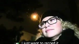 Blonde with glasses fucked and cummed in public