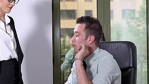 Busty nerdy secretary Carolina Abril gets a hard doggy style fuck