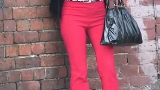 Sexy panties and red pants public wetting