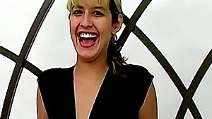 Two horny lesbian babes share a double sided dildo