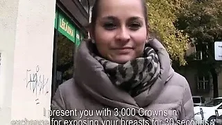 Cute Emily gets persuaded to have public sex in exchange of