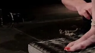 Hogtied busty slave pussy clamped