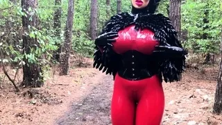 Busty amateur milf wears latex uniform and high heels