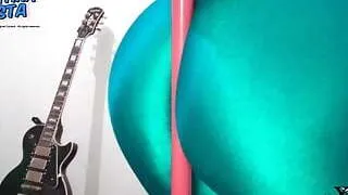 Deep Cameltoe in Green Shiny spandex. Round Ass White Latin