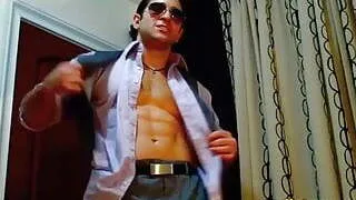 Cumming cock on hairy bearded muscle stud