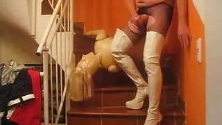 white plateau boot and cumshot on pantyhose