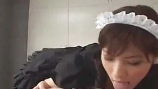 Horny Japanese maid wakes guy up with a sloppy blowjob!