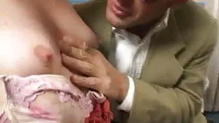 Blonde chick tight pink slit banged