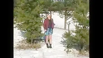 Big tits girlfriend piss of trees in winter