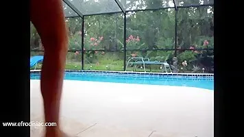 Blonde piss and shit by the pool